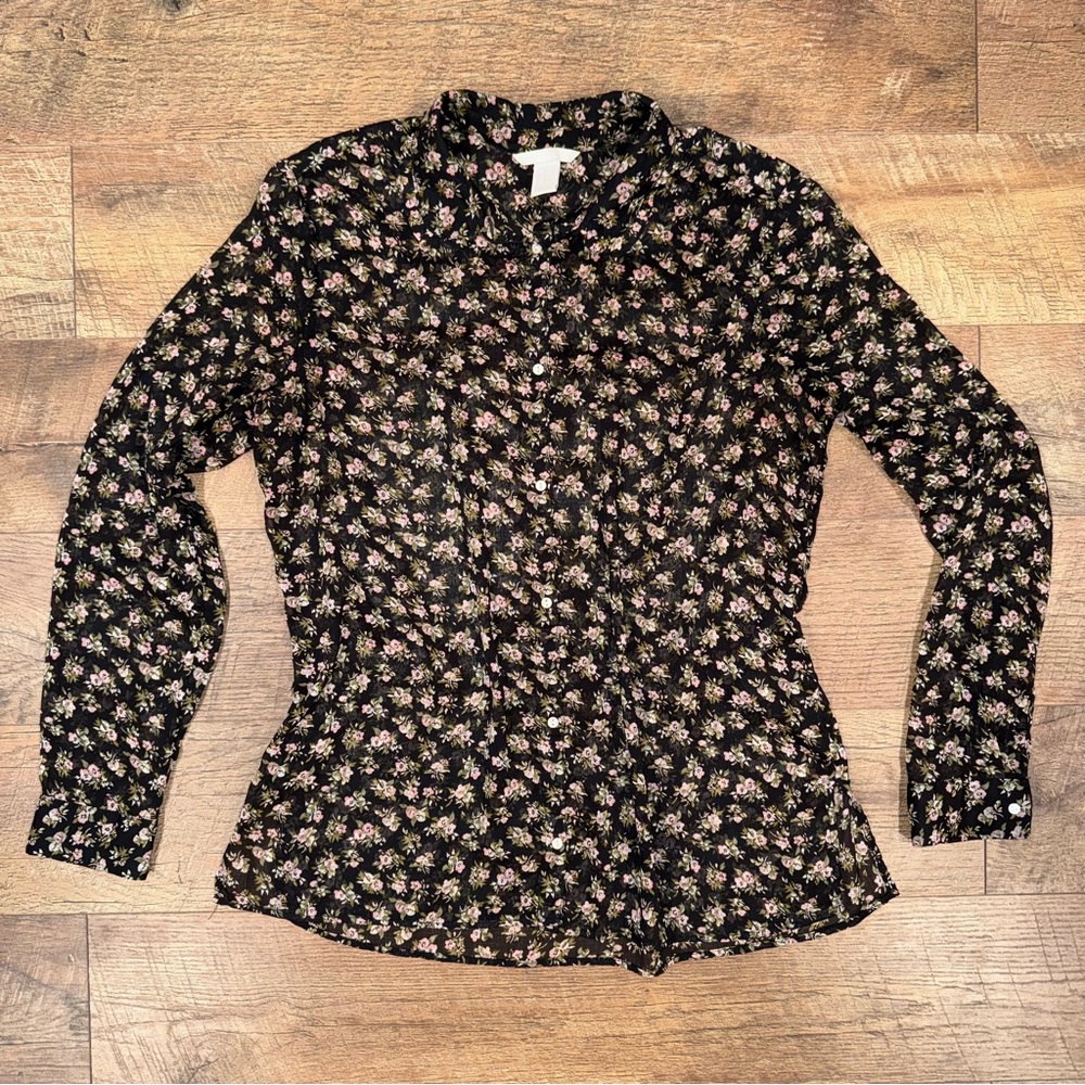 H&M Black Ruffle Collar Floral Button Down Blouse